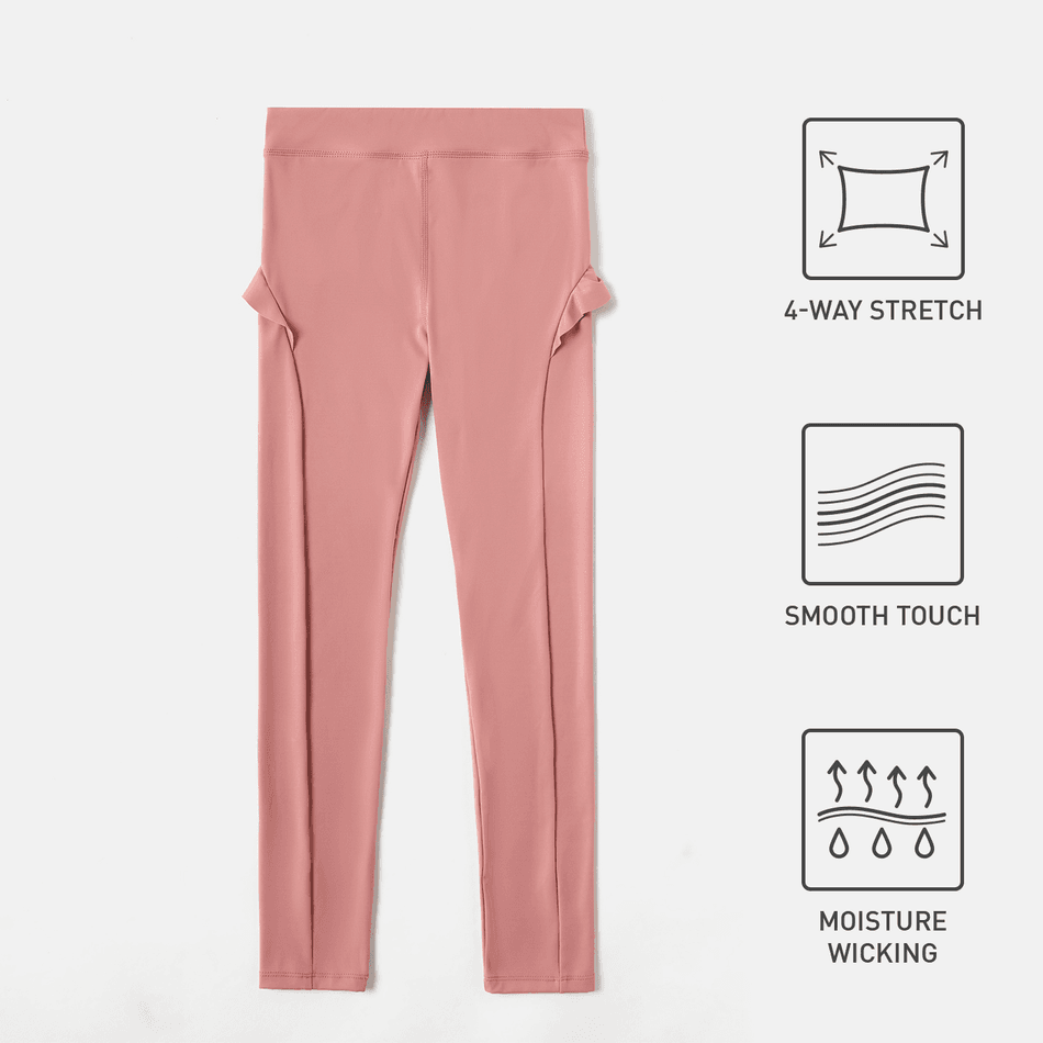 Activewear 4-way Stretch Kid Girl Solid Color Ruffled Quick Dry Elasticized Leggings Pink