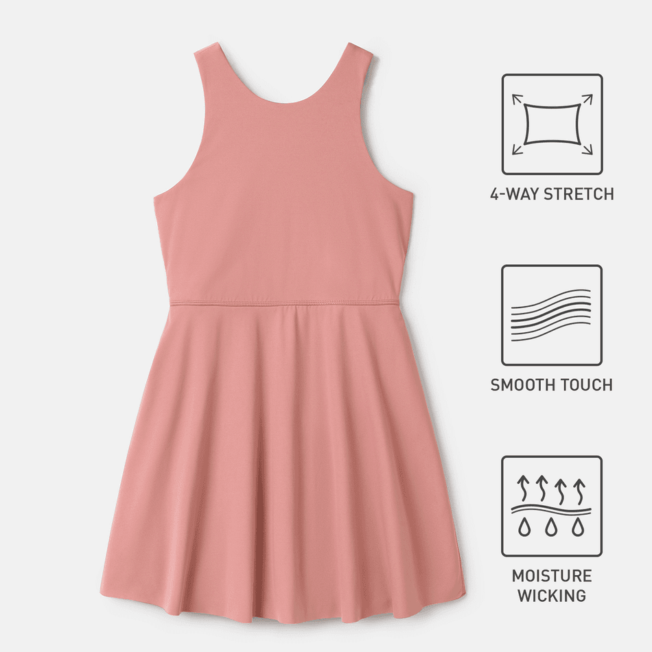 Activewear 4-way Stretch Kid Girl Tie Dyed/ Pink Breathable Crisscross Back Sleeveless Dress Pink
