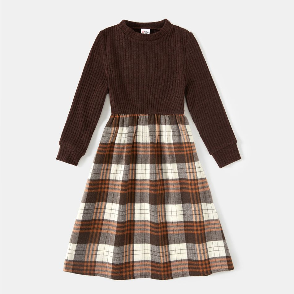 Family Matching Long-sleeve Mock Neck Rib Knit Spliced Plaid Dresses and Colorblock Tops Sets ColorBlock big image 11