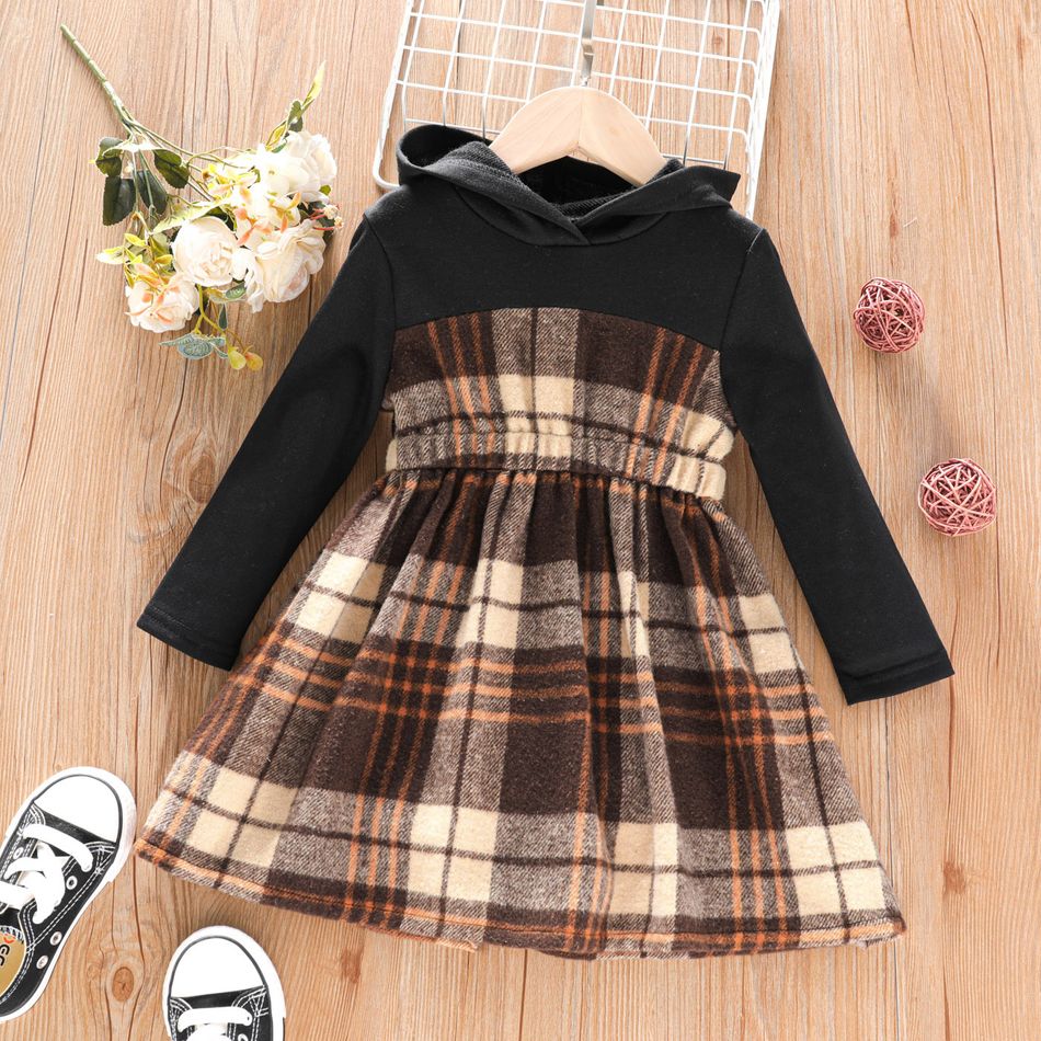 Toddler Girl Plaid Splice Waisted Long-sleeve Hooded Dress Black