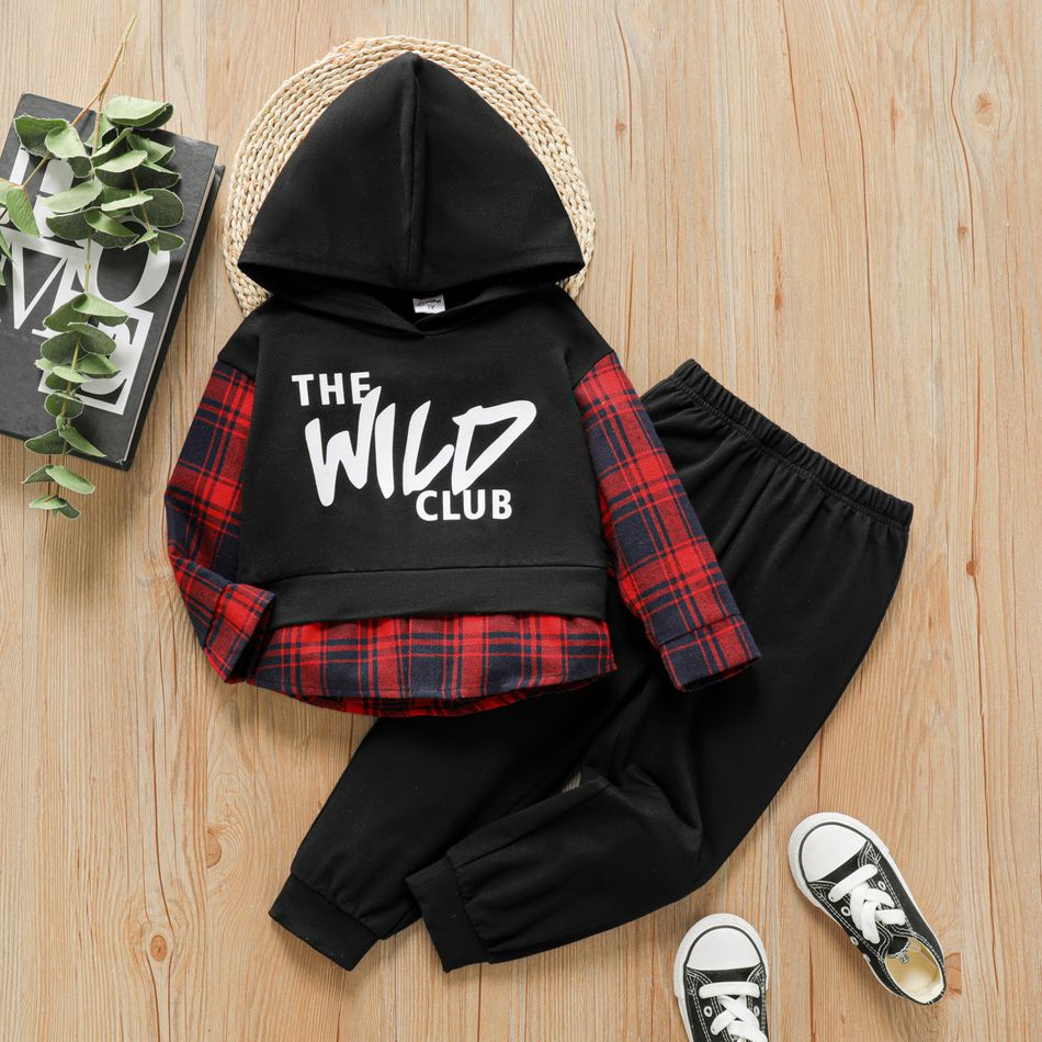 2pcs Toddler Boy Faux-two Letter Print Plaid Splice Hoodie Sweatshirt and Black Pants Set Black big image 1