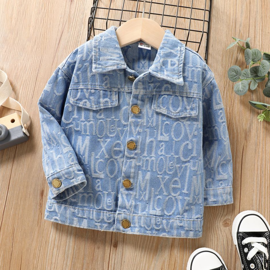 Toddler Boy/Girl Trendy Lapel Collar Letter Print Denim Jacket Blue big image 1