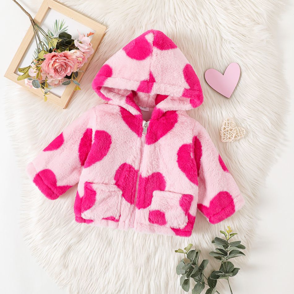 Baby Girl Allover Love Heart Print Thermal Fuzzy Hooded Long-sleeve Coat Pink