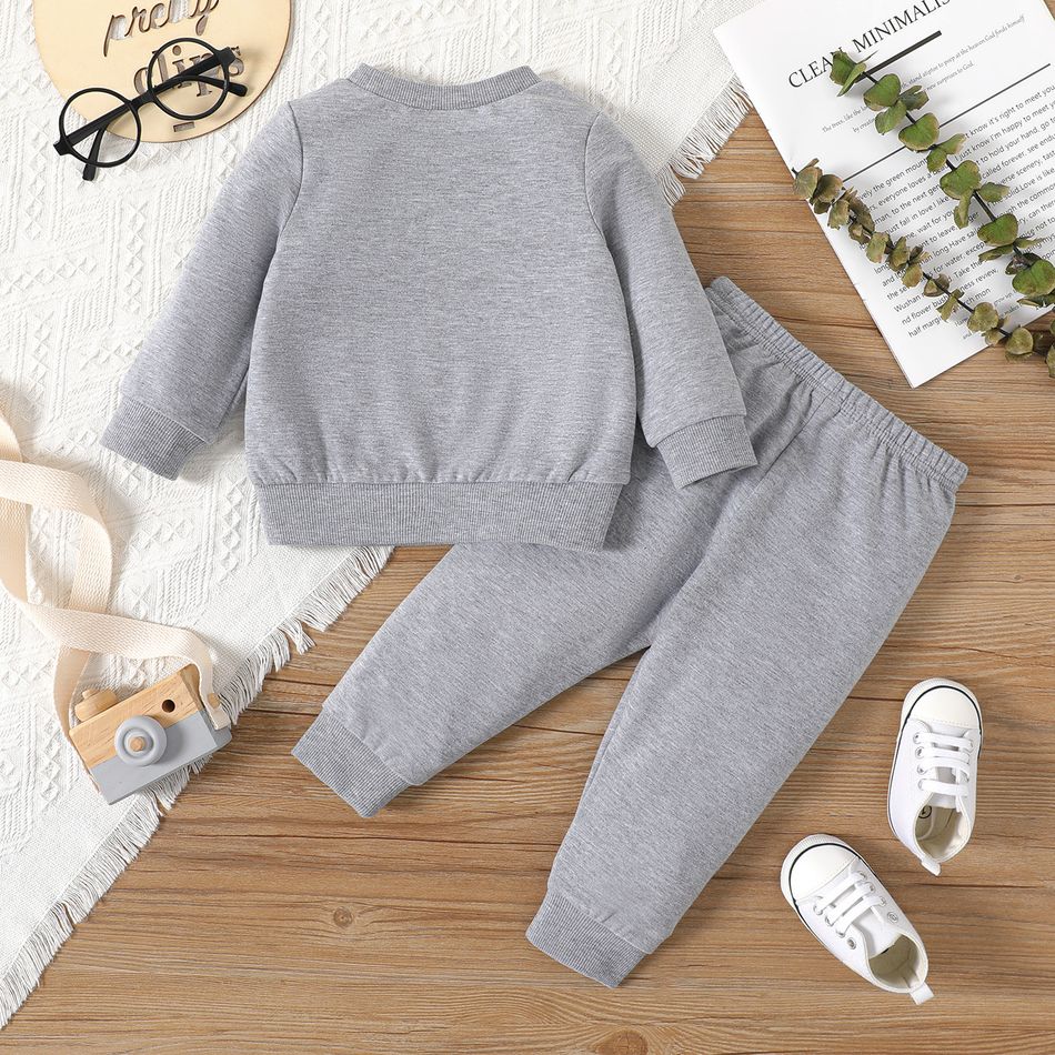 2pcs Baby Boy/Girl Bear Print Grey Long-sleeve Sweatshirt and Sweatpants Set MiddleAsh big image 2