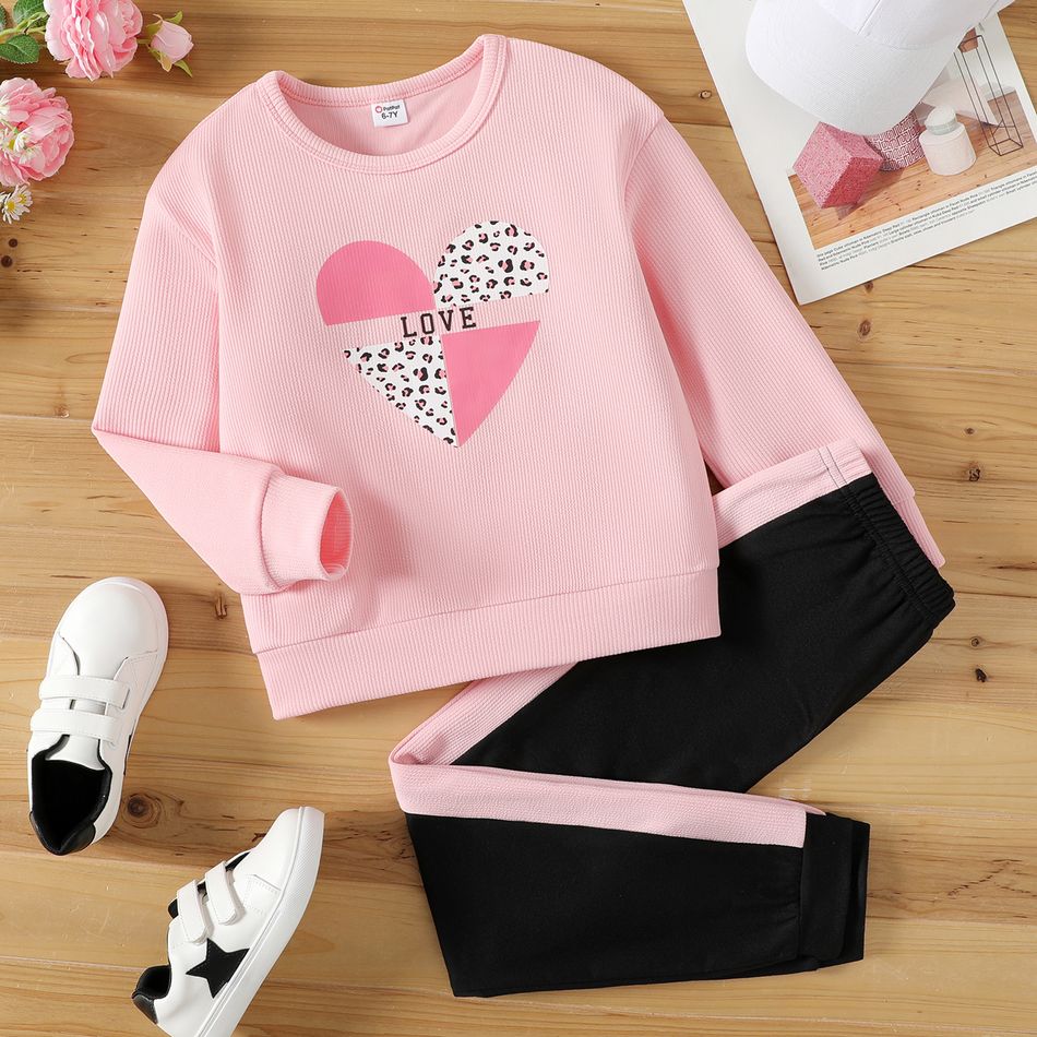 2pcs Kid Girl Leopard Heart Print Long-sleeve Tee and Colorblock Pants Set Pink