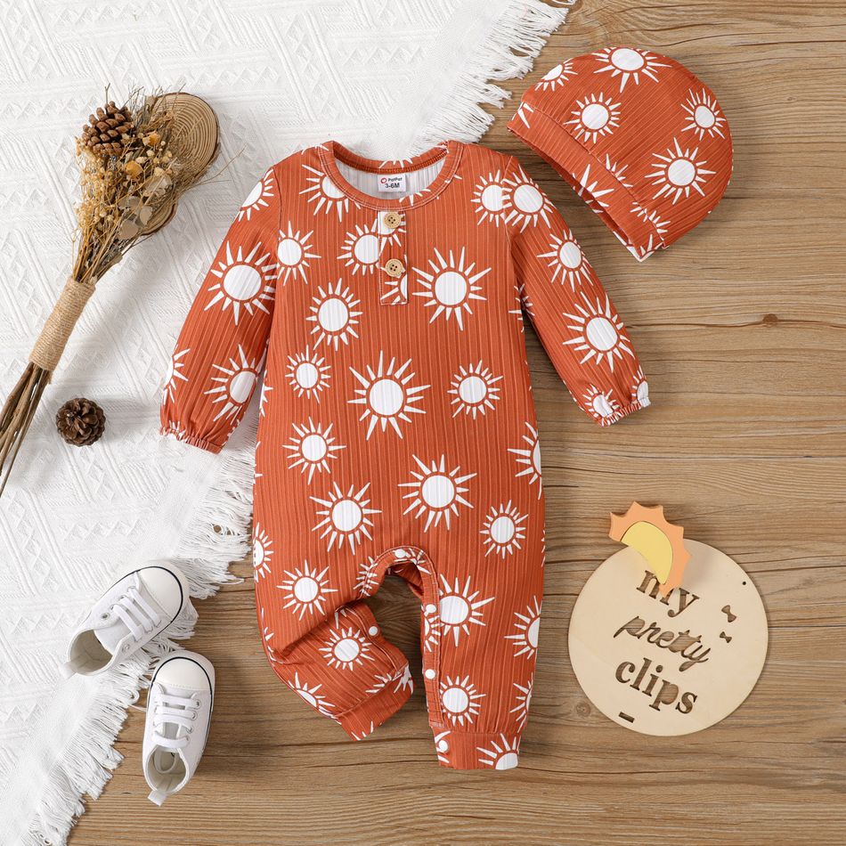 2pcs Baby Boy/Girl Long-sleeve Allover Sun Print Rib Knit Jumpsuit with Hat Set Brown big image 1