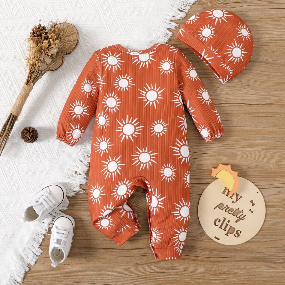 2pcs Baby Boy/Girl Long-sleeve Allover Sun Print Rib Knit Jumpsuit with Hat Set Brown big image 2
