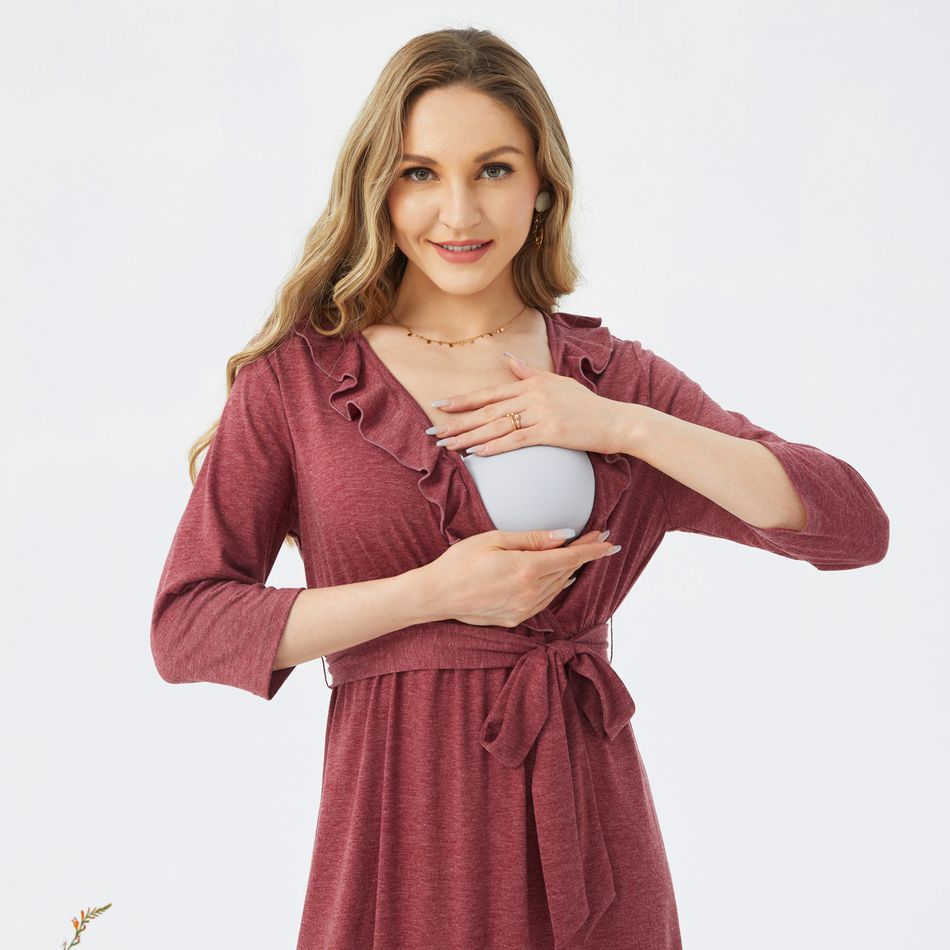Nursing Ruffle Trim Belted Dress MAROON