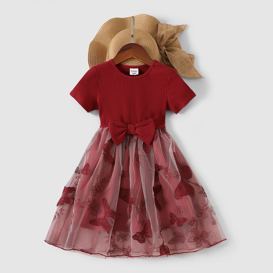 Family Matching 95% Cotton Short-sleeve Colorblock T-shirts and Rib Knit Spliced Butterfly Embroidered Mesh Dresses Sets WineRed big image 7