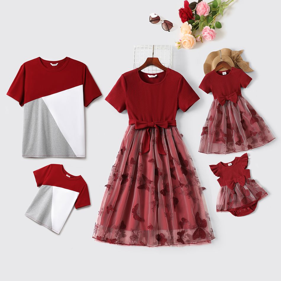 Family Matching 95% Cotton Short-sleeve Colorblock T-shirts and Rib Knit Spliced Butterfly Embroidered Mesh Dresses Sets WineRed