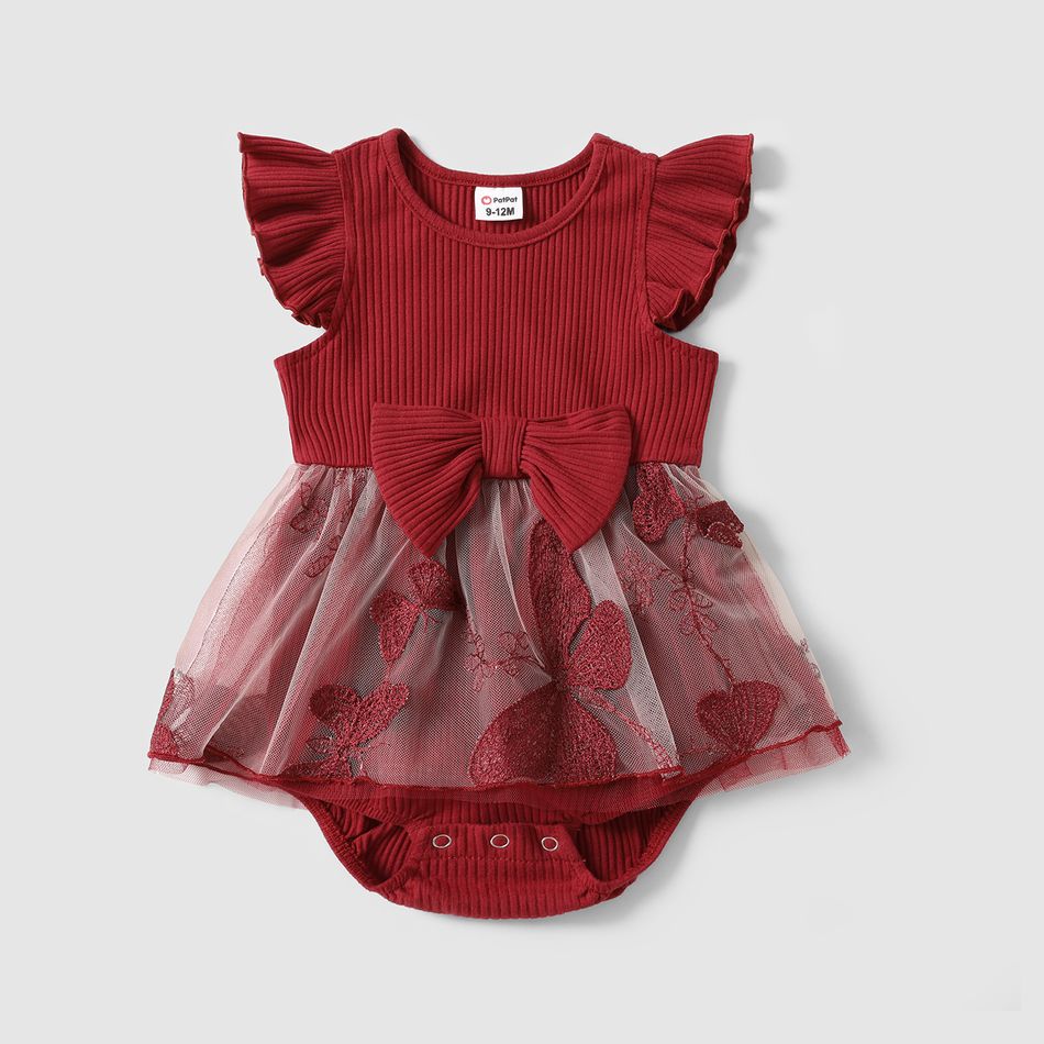 Family Matching 95% Cotton Short-sleeve Colorblock T-shirts and Rib Knit Spliced Butterfly Embroidered Mesh Dresses Sets WineRed big image 10
