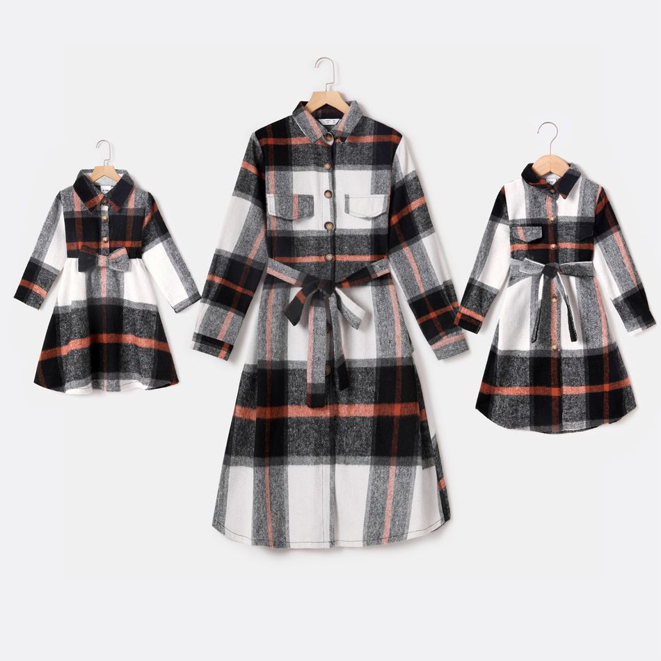 Mommy and Me Long-sleeve Button Up Plaid Shirt Dresses Black