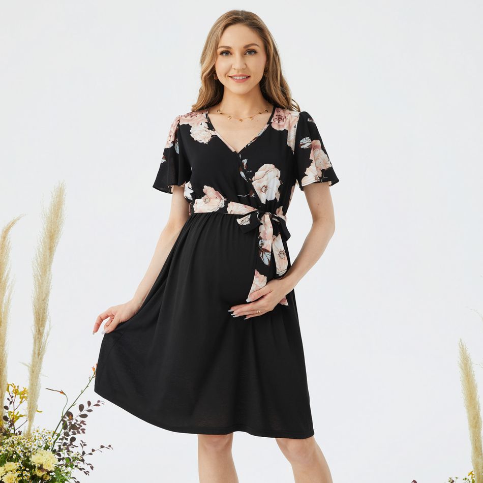 Maternity Floral Print Wrap Belted Short-sleeve Dress Black