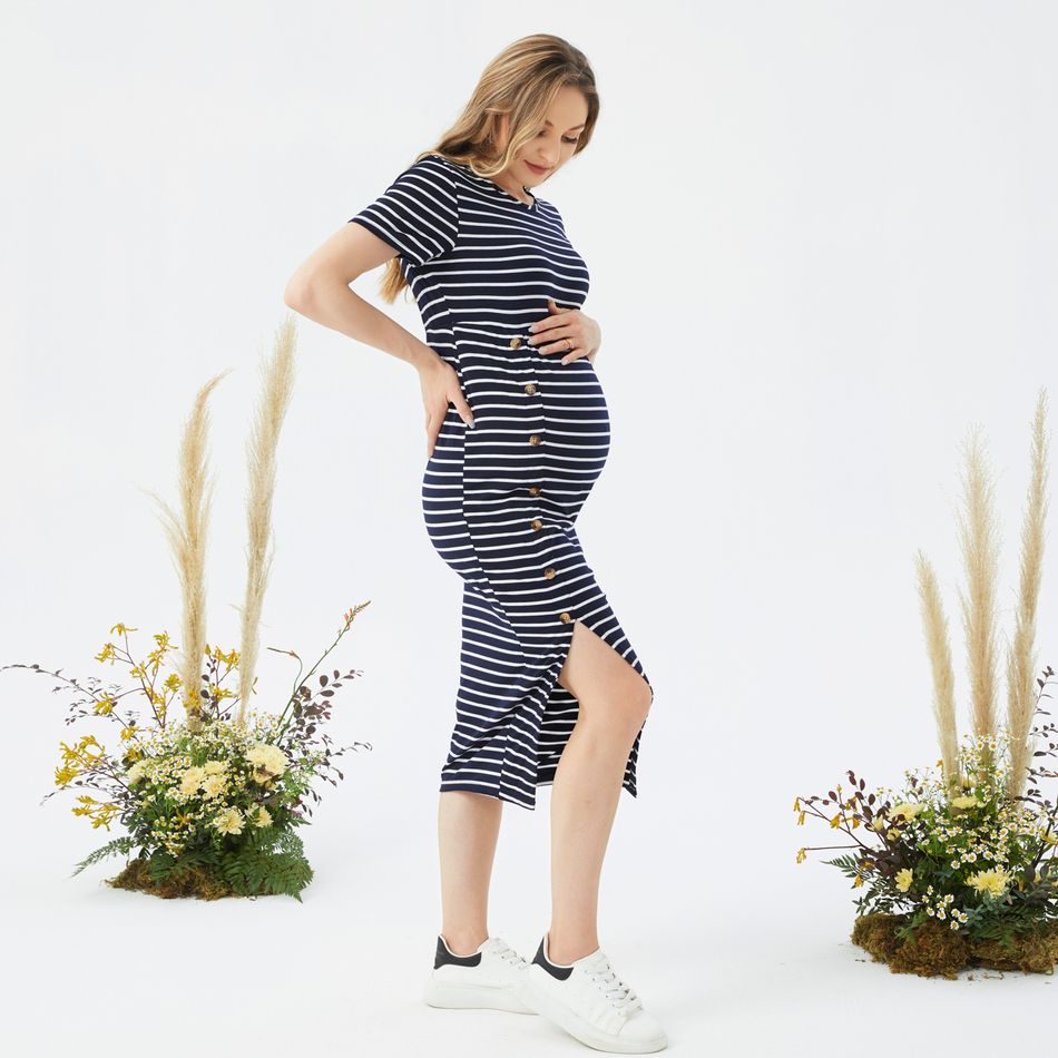 Maternity Button Decor Side Slit Hem Stripe Short-sleeve Bodycon Dress Dark Blue/white
