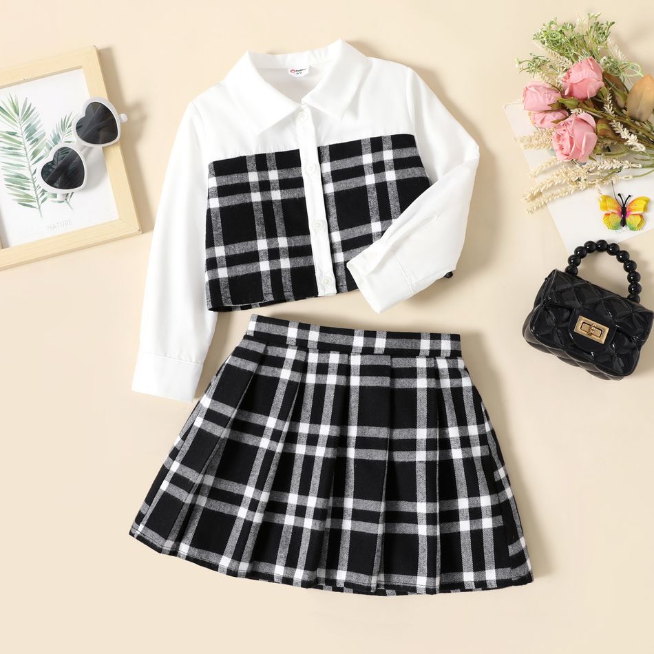 2pcs Toddler Girl Plaid Splice Lapel Collar Long-sleeve Shirt and Pleated Skirt Set BlackandWhite