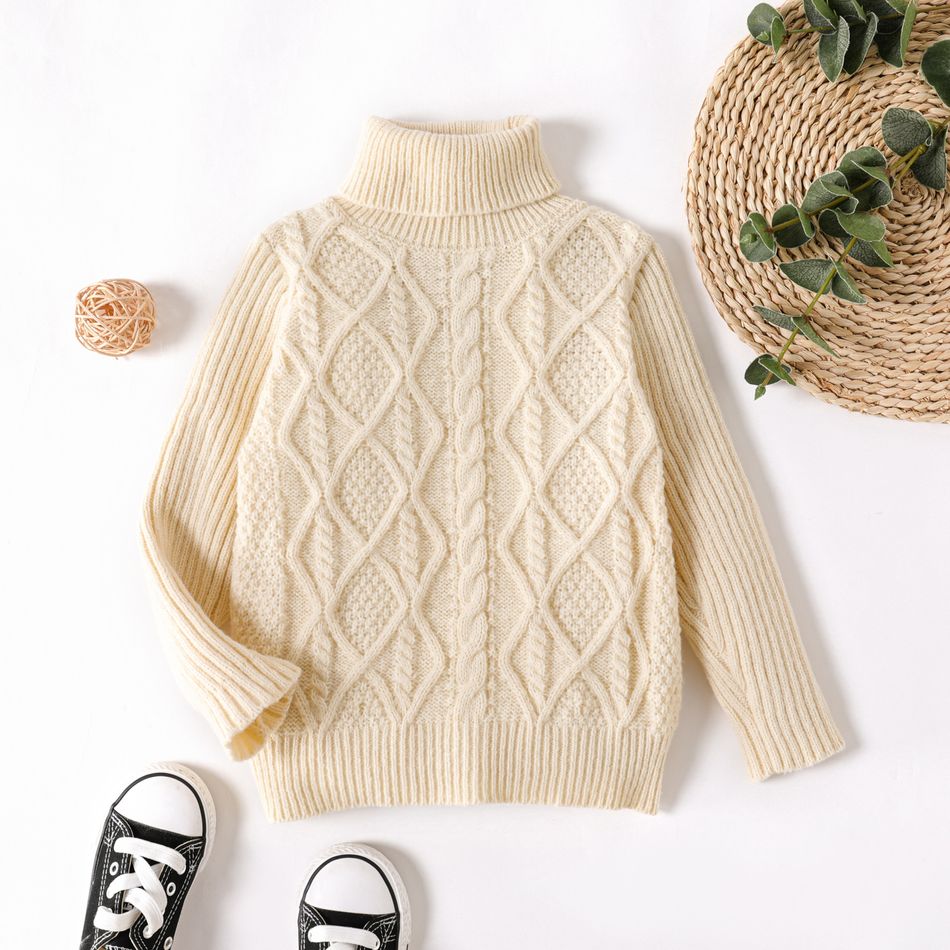 Toddler Girl Turtleneck Solid Color Cable Knit Textured Sweater Beige