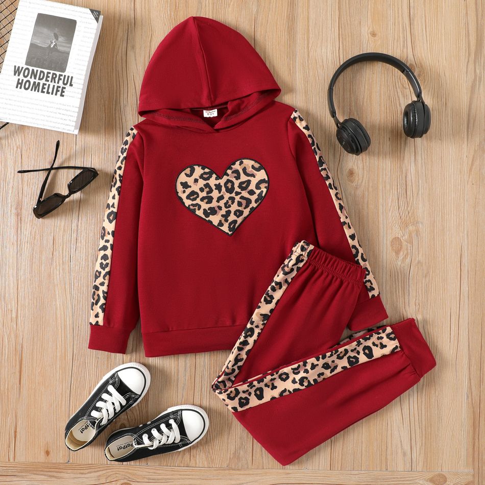 2pcs Kid Girl Leopard Heart Print Hoodie Sweatshirt and Pants Set WineRed big image 1