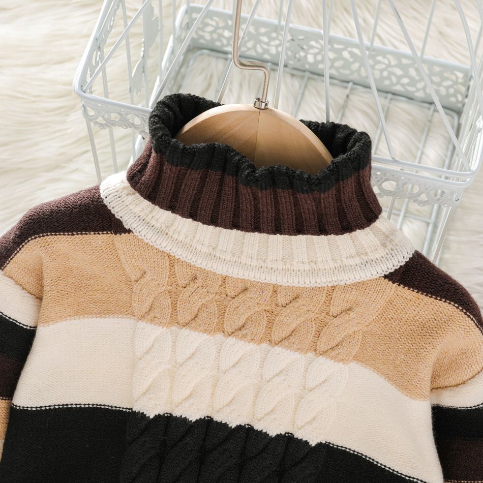 Toddler Boy Casual Stripe Textured Turtleneck Knit Sweater Brown big image 3