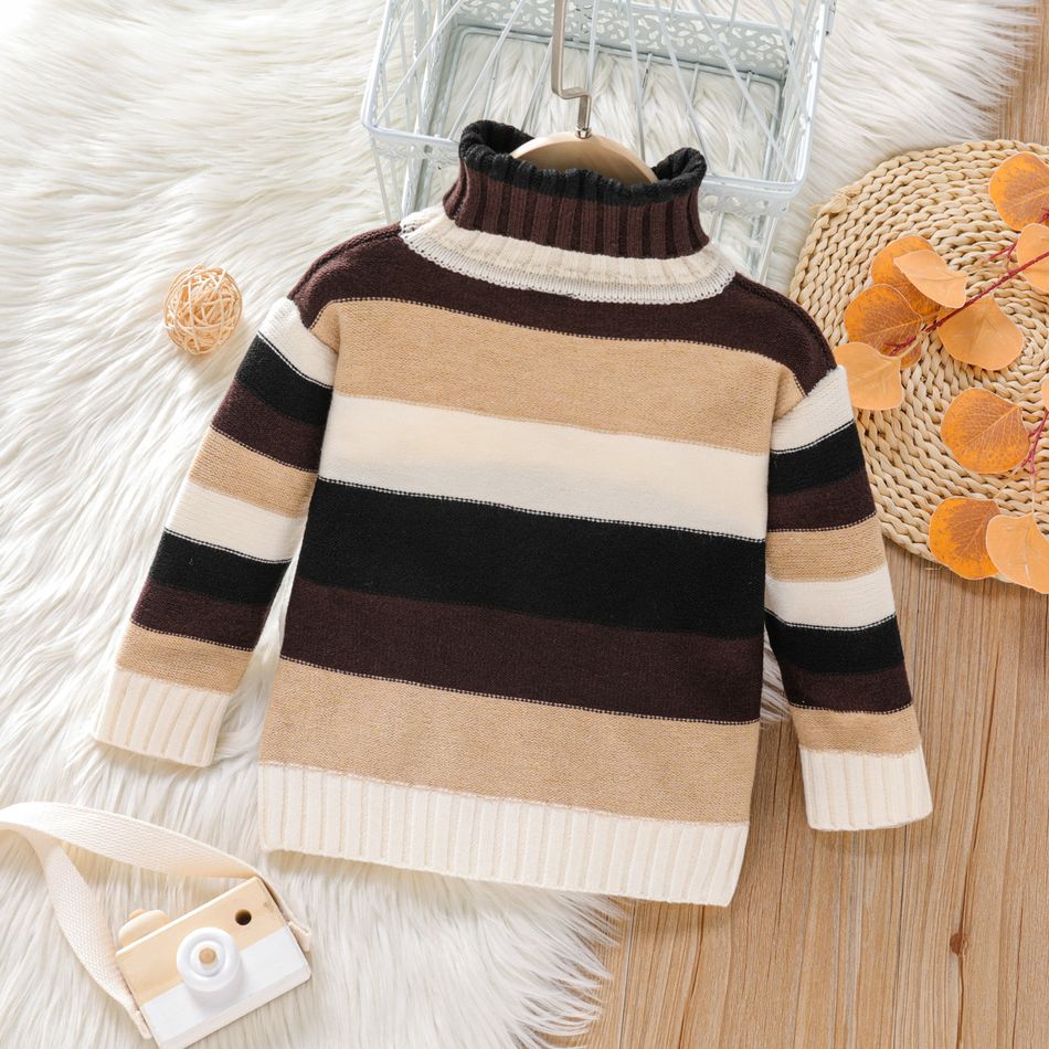 Toddler Boy Casual Stripe Textured Turtleneck Knit Sweater Brown big image 2