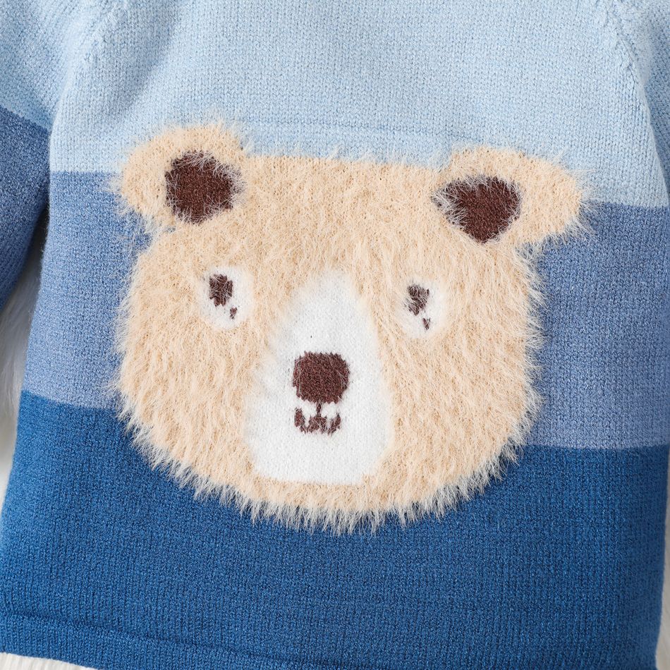 Baby Boy Fuzzy Bear Pattern Long-sleeve Colorblock Pullover Sweater Navy big image 4