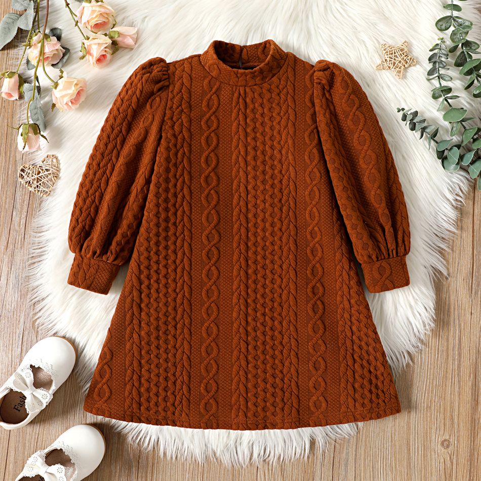 Toddler Girl Cable Knit Textured Mock Neck Long Puff-sleeve Dress Brown