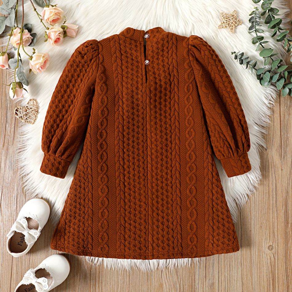 Toddler Girl Cable Knit Textured Mock Neck Long Puff-sleeve Dress Brown big image 2