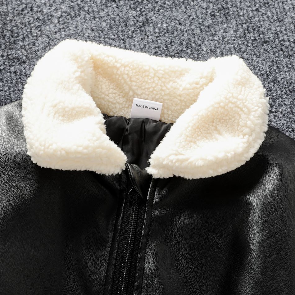 Toddler Boy Fuzzy Collar Zipper Design Black PU Jacket Black big image 3