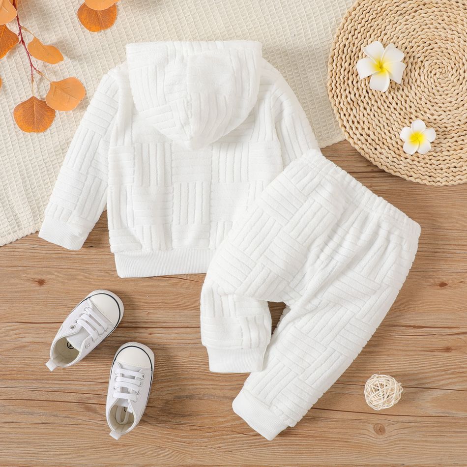 2pcs Baby Boy/Girl Solid Long-sleeve Terry Hoodie and Pants Set OffWhite big image 3