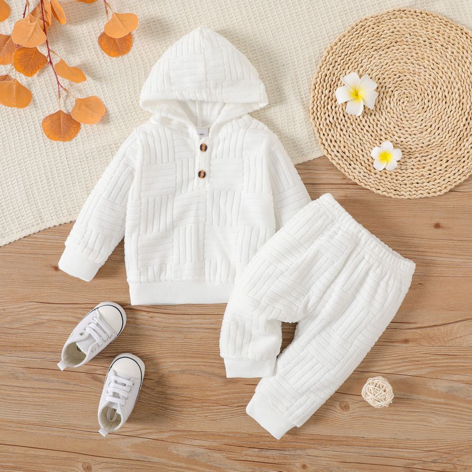 2pcs Baby Boy/Girl Solid Long-sleeve Terry Hoodie and Pants Set OffWhite
