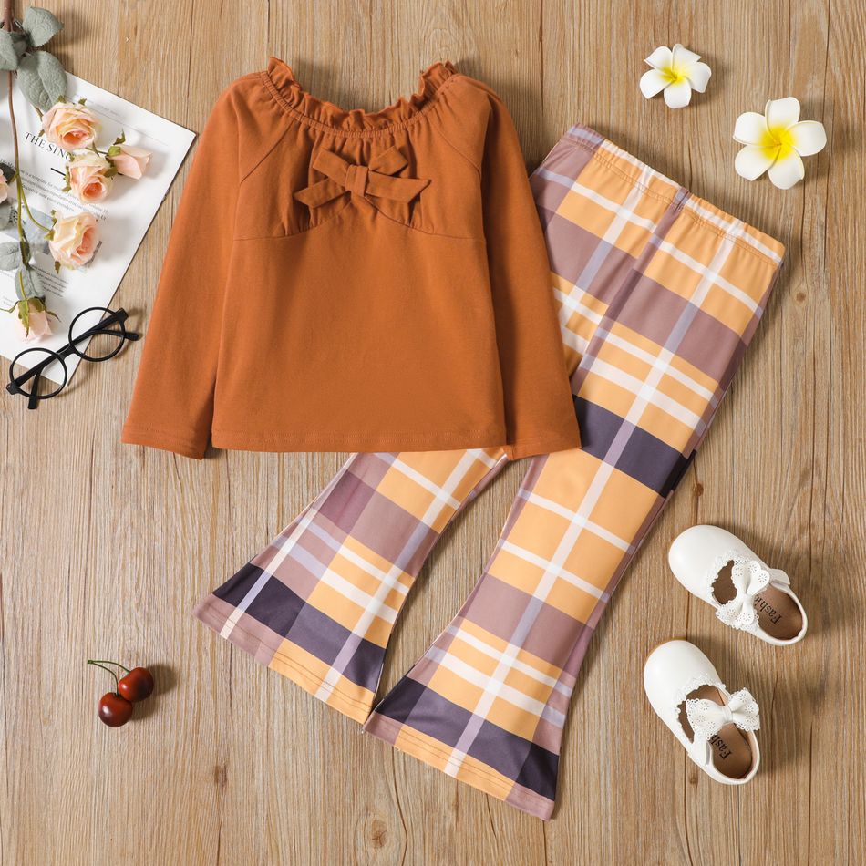 2pcs Toddler Girl Ruffled Off Shoulder Bowknot Design Long-sleeve Tee and Plaid Flared Pants Set Brown