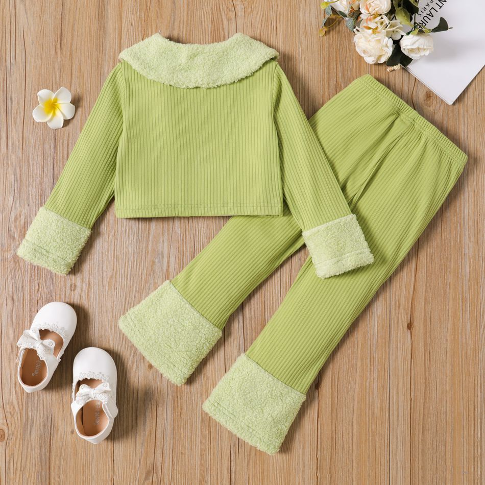 2pcs Toddler Girl Trendy Fleece Splice Doll Collar Jacket and Green Pants Set Green big image 2