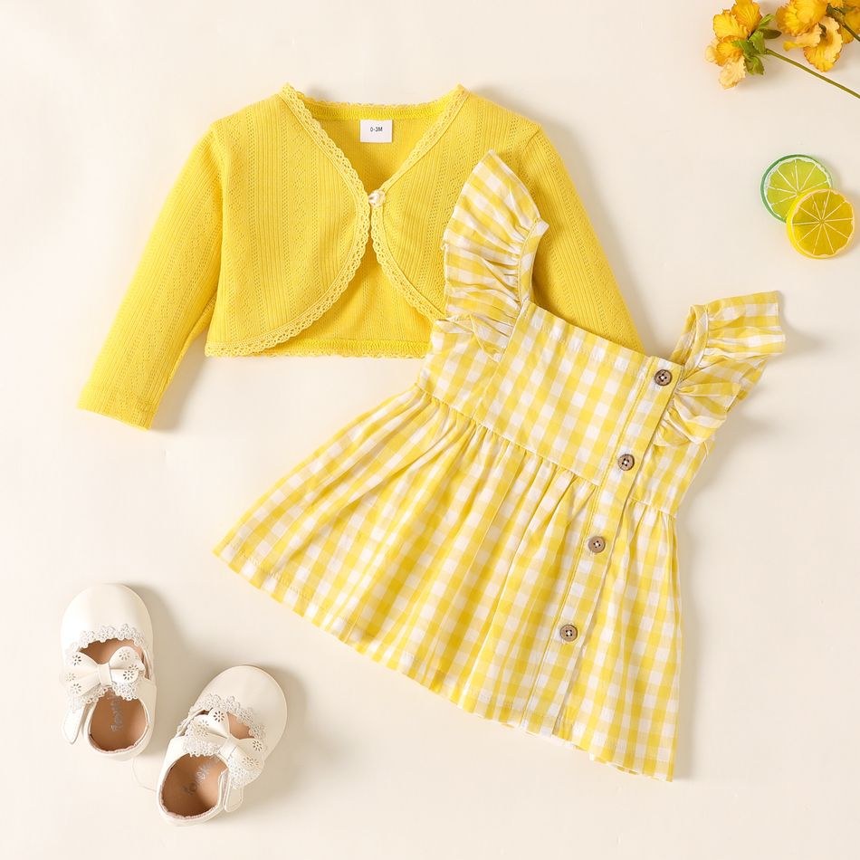 طفلة قطعتان من سترة محبوكة صلبة بأكمام طويلة ومجموعة فستان أصفر منقوش أو ليموني بأكمام طويلة الأصفر big image 1