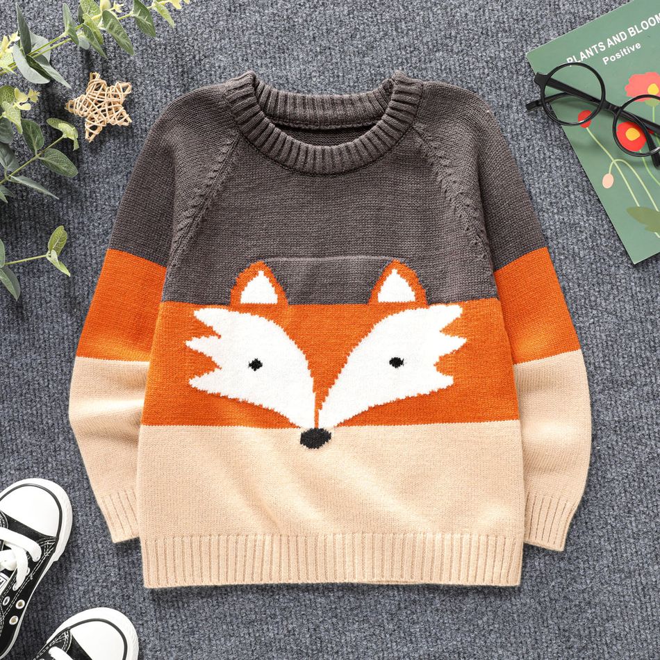 Toddler Boy Animal Fox Pattern Colorblock Raglan Sleeve Sweater Orange