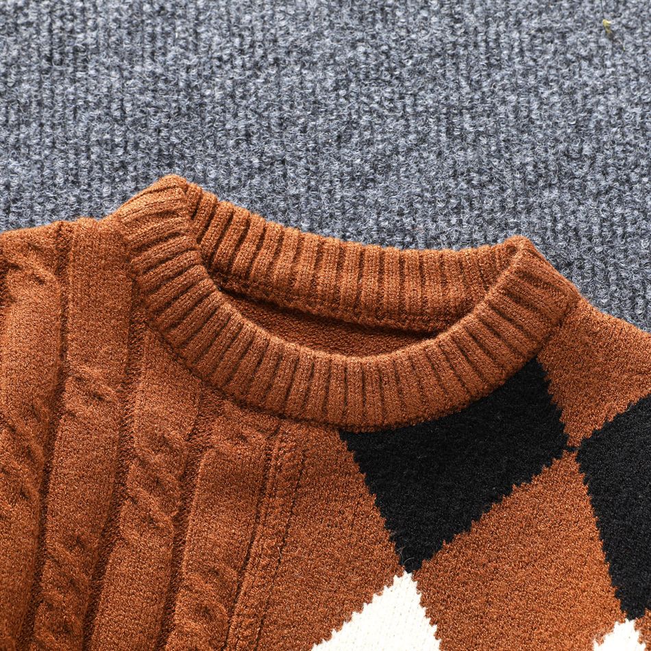 Toddler Boy Casual Plaid Colorblock Textured Knit Sweater Brown big image 3