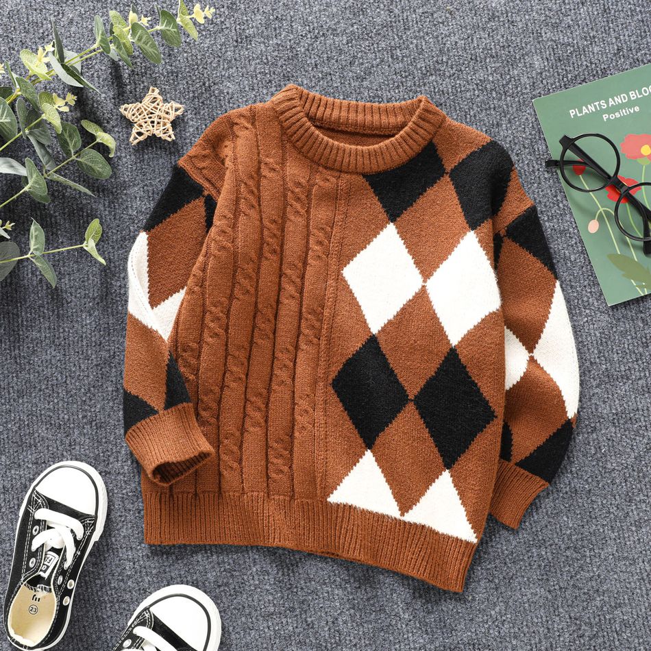 Toddler Boy Casual Plaid Colorblock Textured Knit Sweater Brown