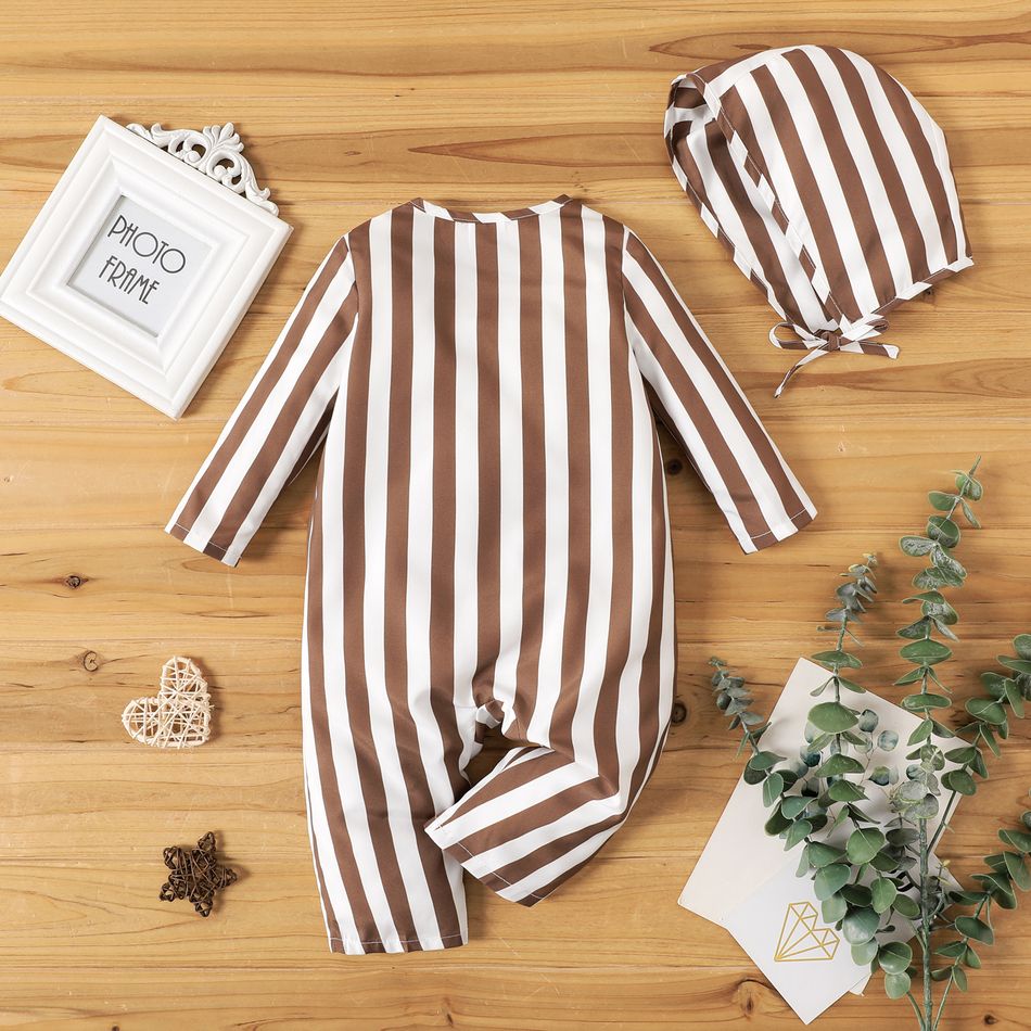 2pcs Baby Boy/Girl Long-sleeve Button Front Brown Striped Jumpsuit with Hat Set Brown big image 2