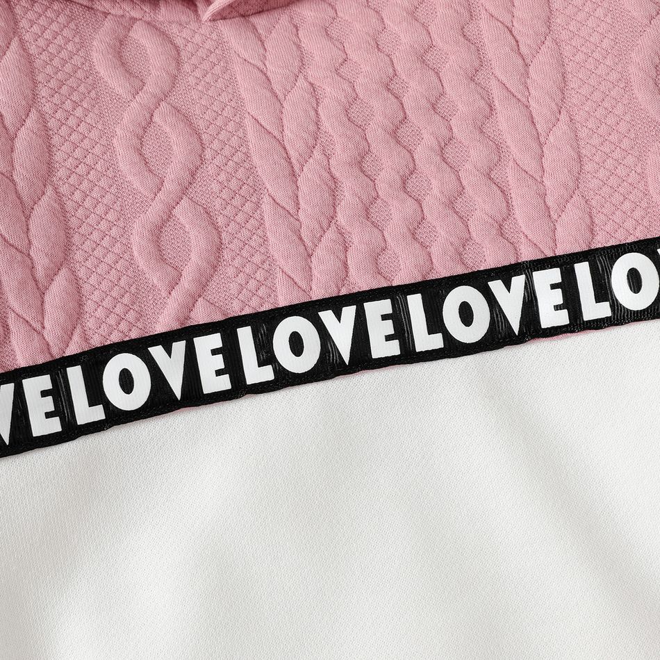 2pcs Kid Girl Leter Print Cable Knit Textured Colorblock Hoodie Sweatshirt and Pants Set Pink big image 3