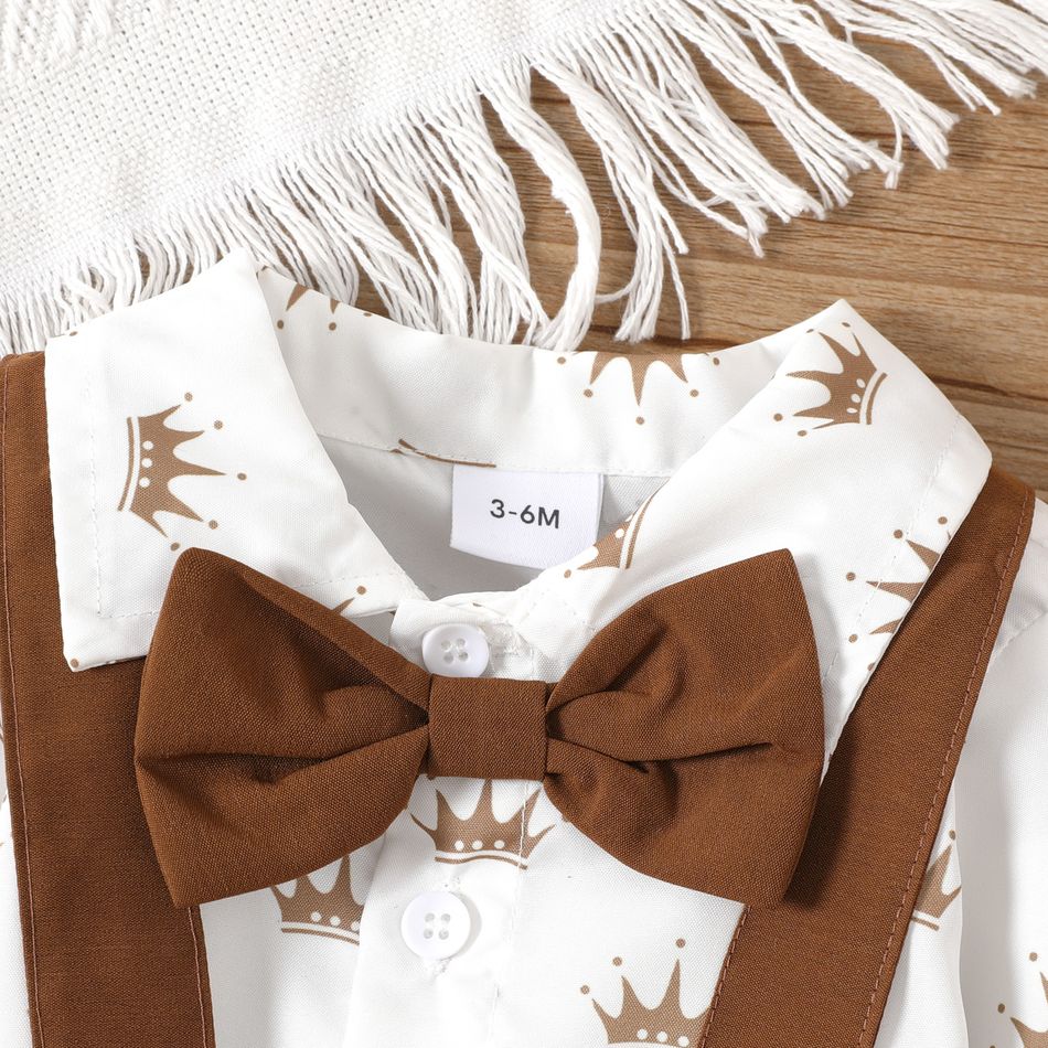 2pcs Baby Boy Bow Tie Decor Allover Crown Print Long-sleeve Shirt and Solid Suspender Pants Set Brown big image 3
