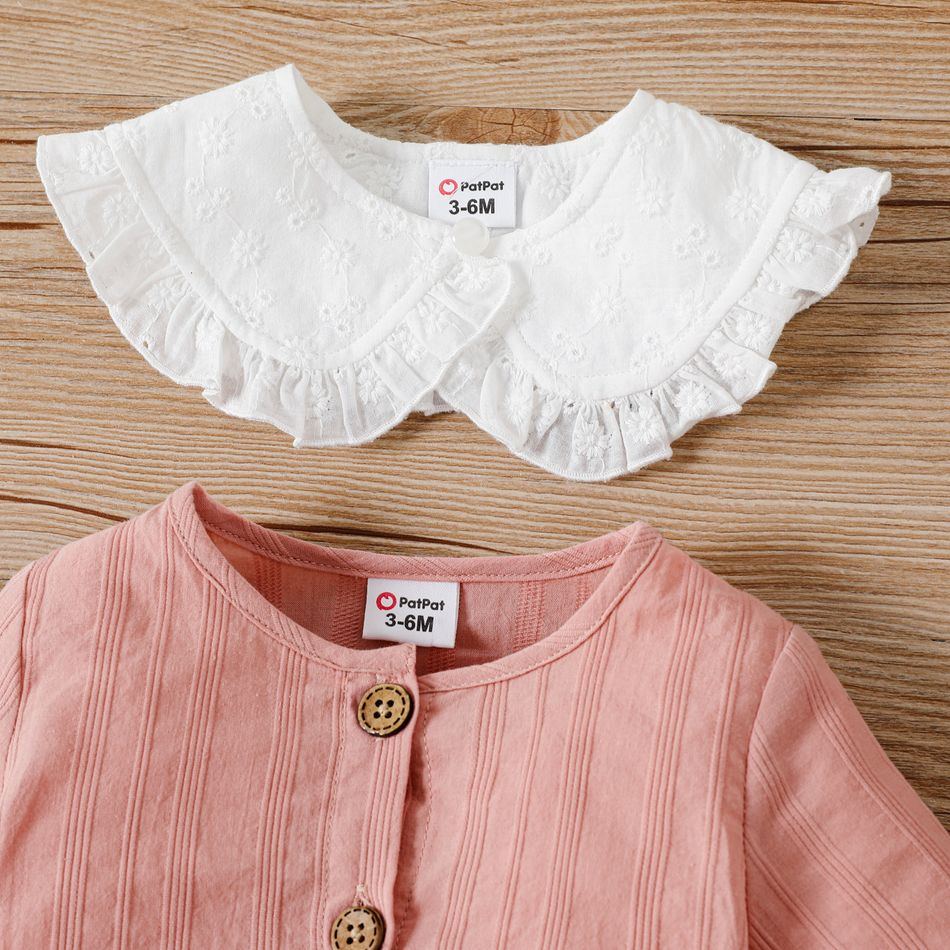100% Cotton 2pcs Baby Girl Button Front Long-sleeve Romper with Detachable Collar Set darkpink big image 5