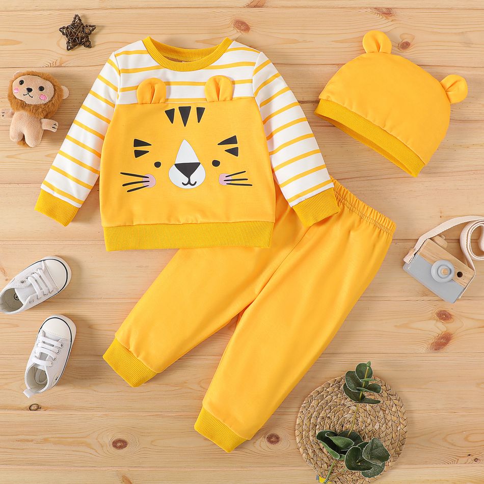 3pcs Baby Boy Striped Long-sleeve Spliced Tiger Print Sweatshirt and Sweatpants with Hat Set Color block