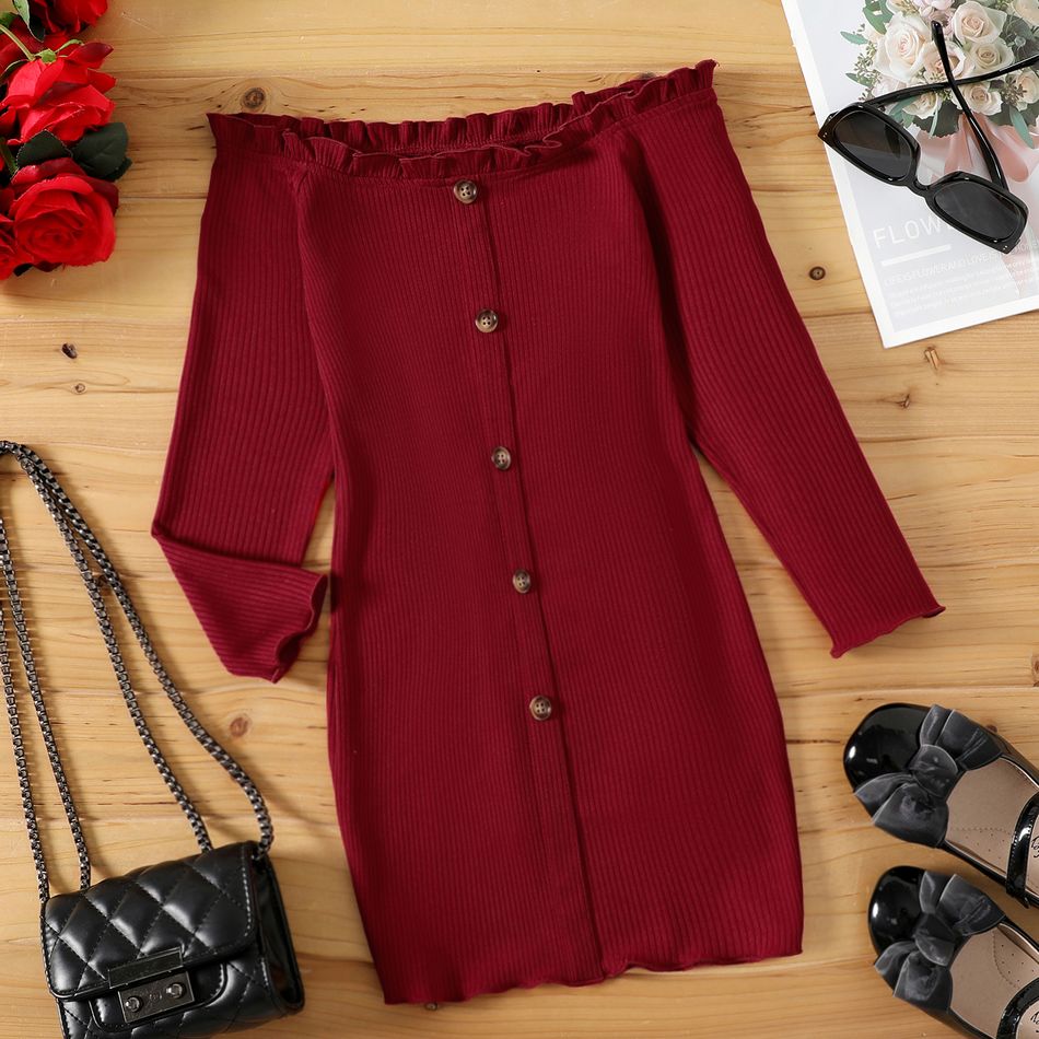 Kid Girl Ruffled Off Shoulder Button Design Long-sleeve Wine Red Bodycon Dress WineRed big image 1