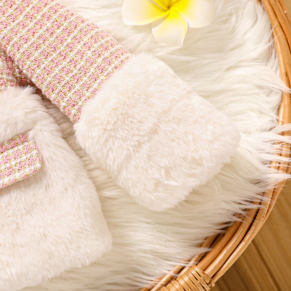 Baby Girl Tweed Spliced Fuzzy Long-sleeve Zipper Coat Pink