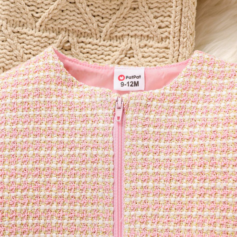 Baby Girl Tweed Spliced Fuzzy Long-sleeve Zipper Coat Pink big image 3
