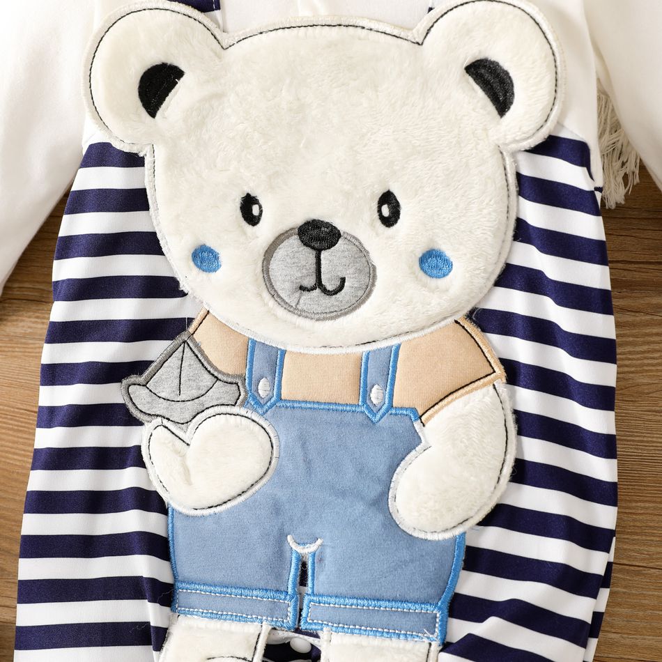 Baby Boy 95% Cotton Long-sleeve Bear Decor Striped Spliced Jumpsuit Blue big image 3