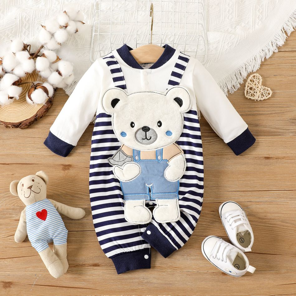 Baby Boy 95% Cotton Long-sleeve Bear Decor Striped Spliced Jumpsuit Blue big image 1