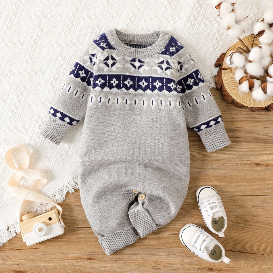 Baby Boy Long-sleeve Argyle Pattern Grey Knitted Jumpsuit Grey