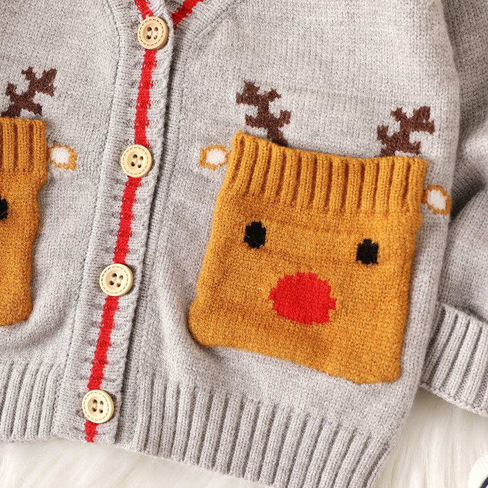 Christmas Baby Boy/Girl Deer Graphic Long-sleeve Button Front Cardigan Sweater Grey big image 4