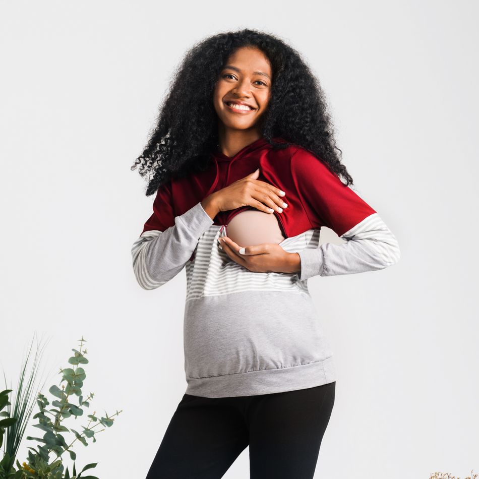 Colorblock Stripe Splice Long-sleeve Drawstring Hoodie Burgundy