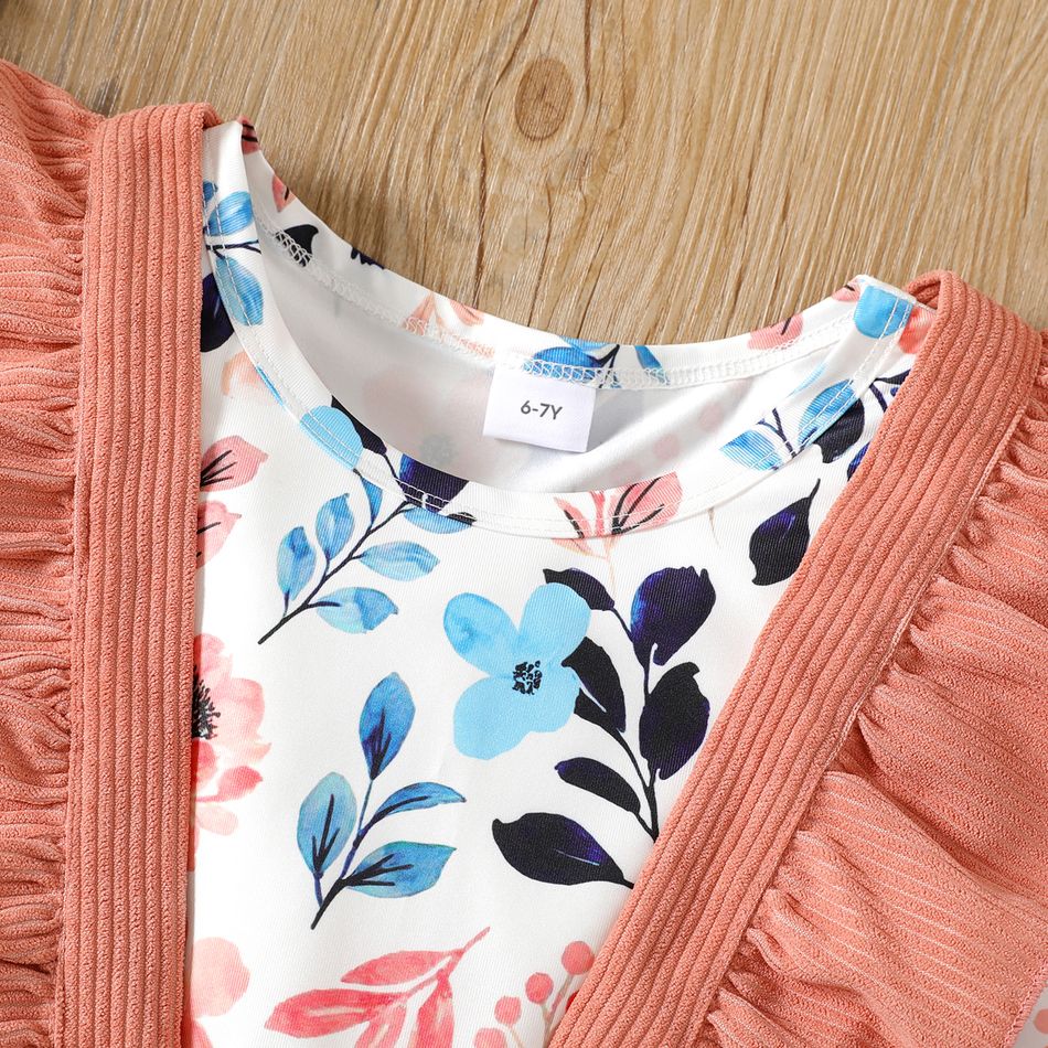 2pcs Kid Girl Floral Print Long-sleeve Tee and Ruffled Corduroy Suspender Skirt Set Dark Pink big image 3
