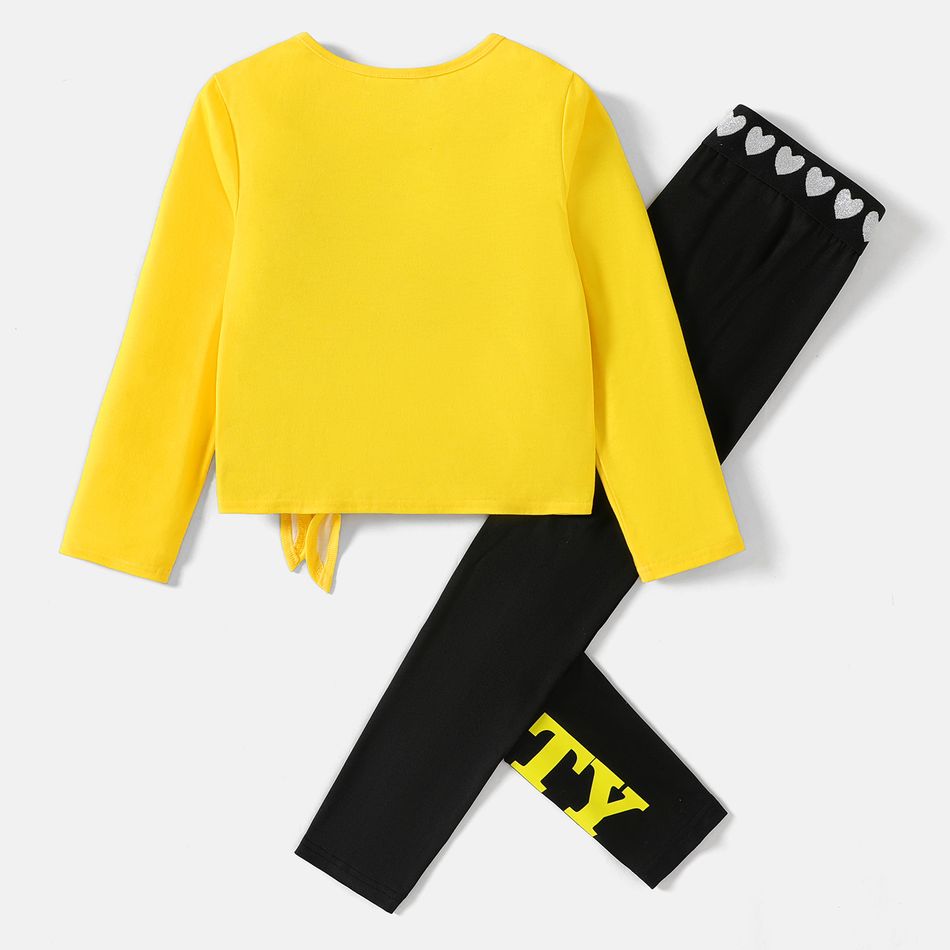 Looney Tunes 2pcs Kid Girl Character Print Tie Knot Long-sleeve Tee and Letter Print Leggings Set Yellow big image 5